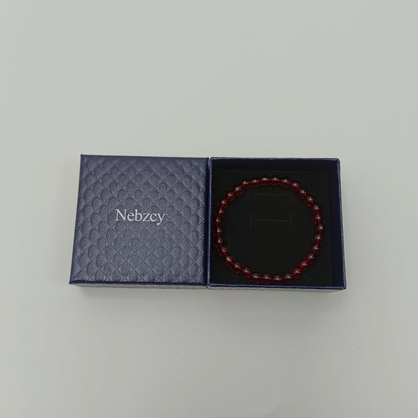 Nebzcy Bangles Natural Red Garnet Beaded Bracelet, Round Polished, Stretch Fit with Gift Box