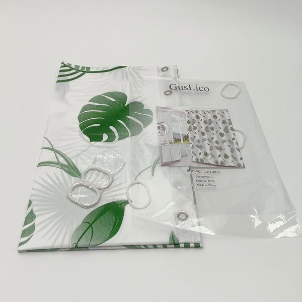 GusLico Shower curtains PEVA Material Shower Curtain, 80x180cm, Green and White Botanical Design with Hooks