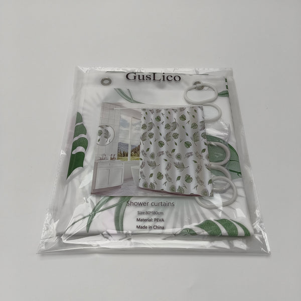 GusLico Shower curtains PEVA Material Shower Curtain, 80x180cm, Green and White Botanical Design with Hooks