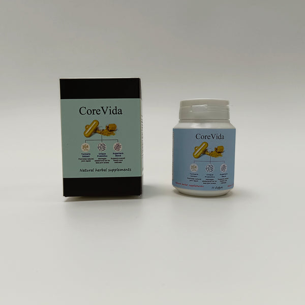 CoreVida Natural herbal supplements Turmeric Extract, Unique Probiotics, Superherb Blend, for Joint Health and Digestive Support, 30 Softgels