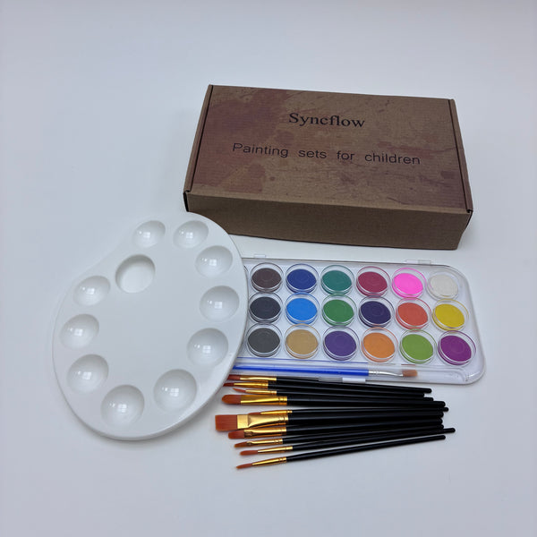 Syncflow Painting sets for children 21 Colors Watercolor Painting Set for Kids, with Brushes, Palette, and Gift Box