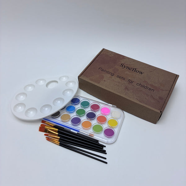 Syncflow Painting sets for children 21 Colors Watercolor Painting Set for Kids, with Brushes, Palette, and Gift Box