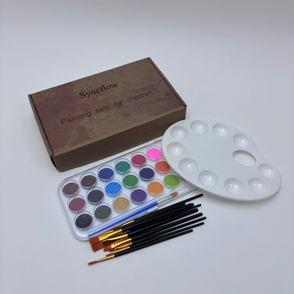 Syncflow Painting sets for children 21 Colors Watercolor Painting Set for Kids, with Brushes, Palette, and Gift Box