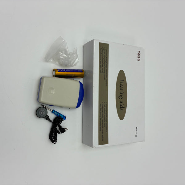 Yesli Hearing aids Sound Amplifier with Tone Adjustable, Includes 1 Pair of Earplugs, Cleaning Brush, Storage Box and 1 AAA Battery