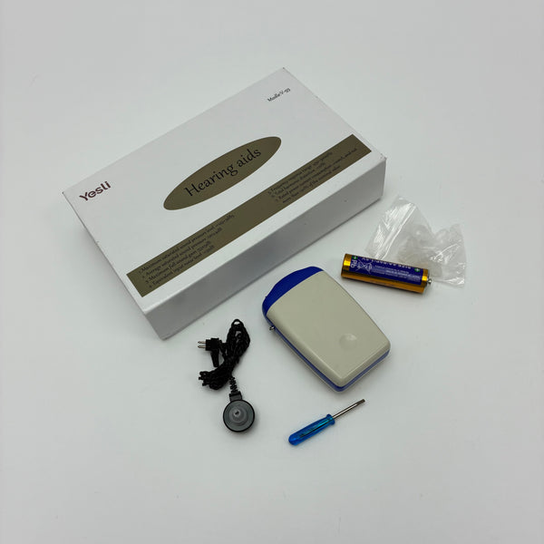 Yesli Hearing aids Sound Amplifier with Tone Adjustable, Includes 1 Pair of Earplugs, Cleaning Brush, Storage Box and 1 AAA Battery