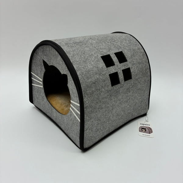 zapaire Pet furniture Grey Felt House with Cute Face Design, Warm Fleece Lining, Removable Top, for Indoor Cats