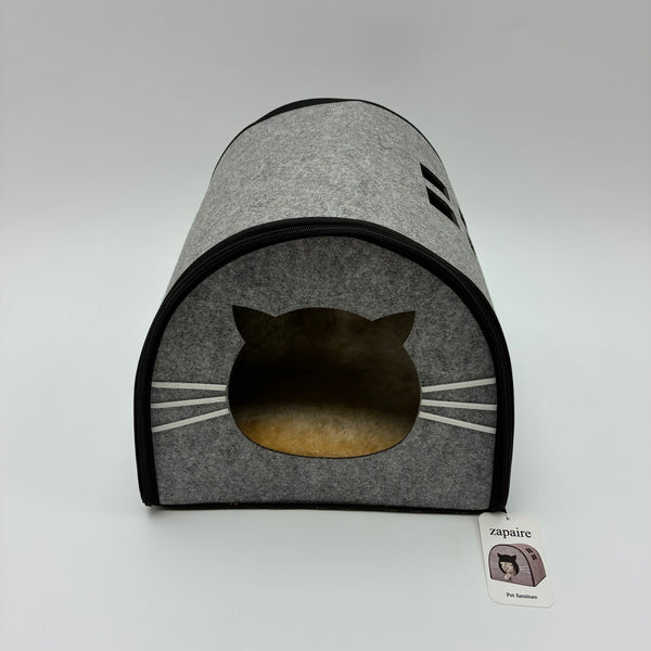 zapaire Pet furniture Grey Felt House with Cute Face Design, Warm Fleece Lining, Removable Top, for Indoor Cats