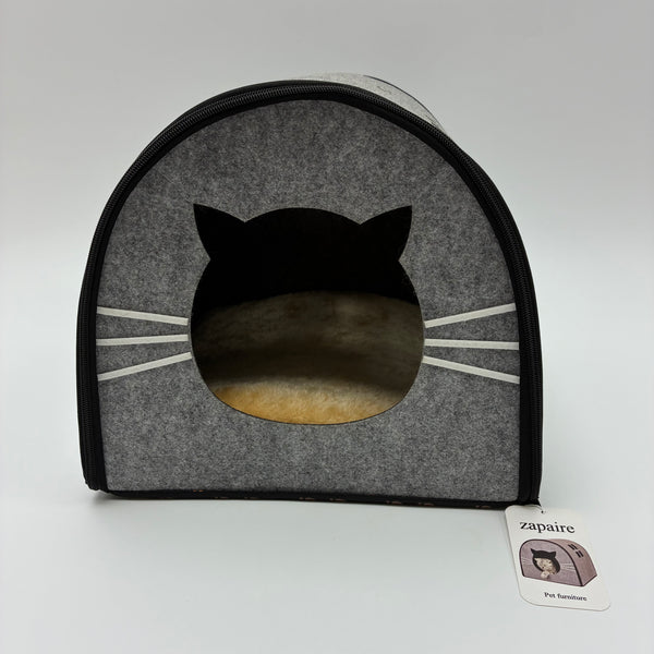 zapaire Pet furniture Grey Felt House with Cute Face Design, Warm Fleece Lining, Removable Top, for Indoor Cats