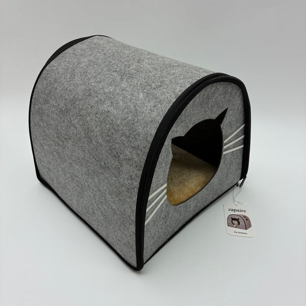zapaire Pet furniture Grey Felt House with Cute Face Design, Warm Fleece Lining, Removable Top, for Indoor Cats