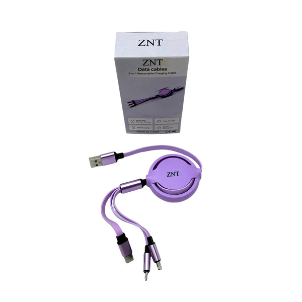 ZNT Data cables Three-in-One Extendable Data Cable, Purple Fast Charging Cable, Multi-functional Storage Data Cable