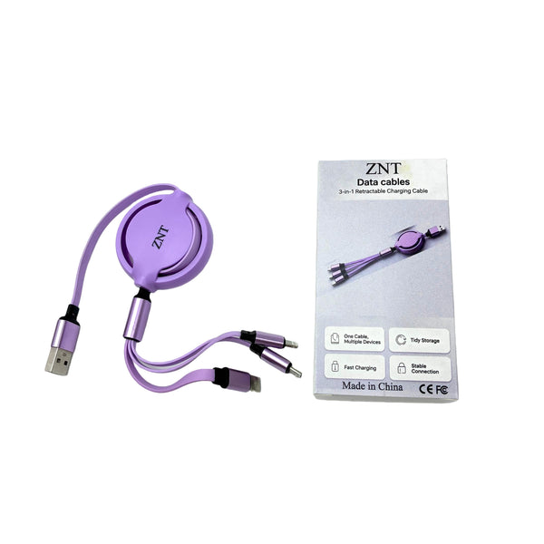 ZNT Data cables Three-in-One Extendable Data Cable, Purple Fast Charging Cable, Multi-functional Storage Data Cable