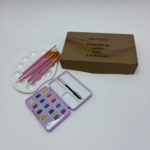 MIVONIX Painting sets for children 15 Color Solid Watercolor Paint Kit with 8 Pink Art Brushes, 10 Wells Oval Artist Palette